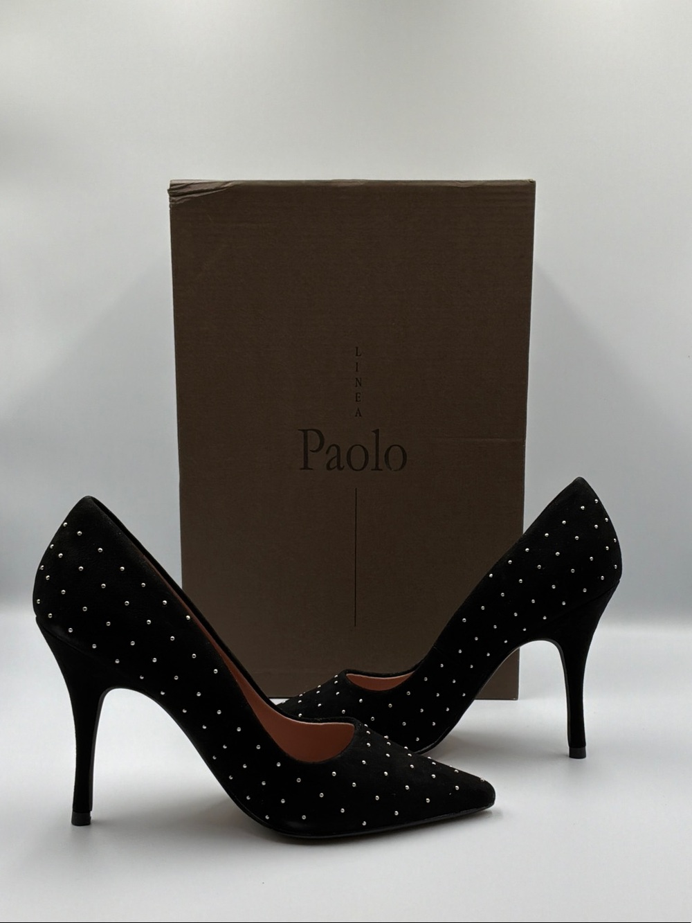 Linea Paolo Black Pointed-Toe Pumps with Silver Stud Accents - Picture 1 of 7